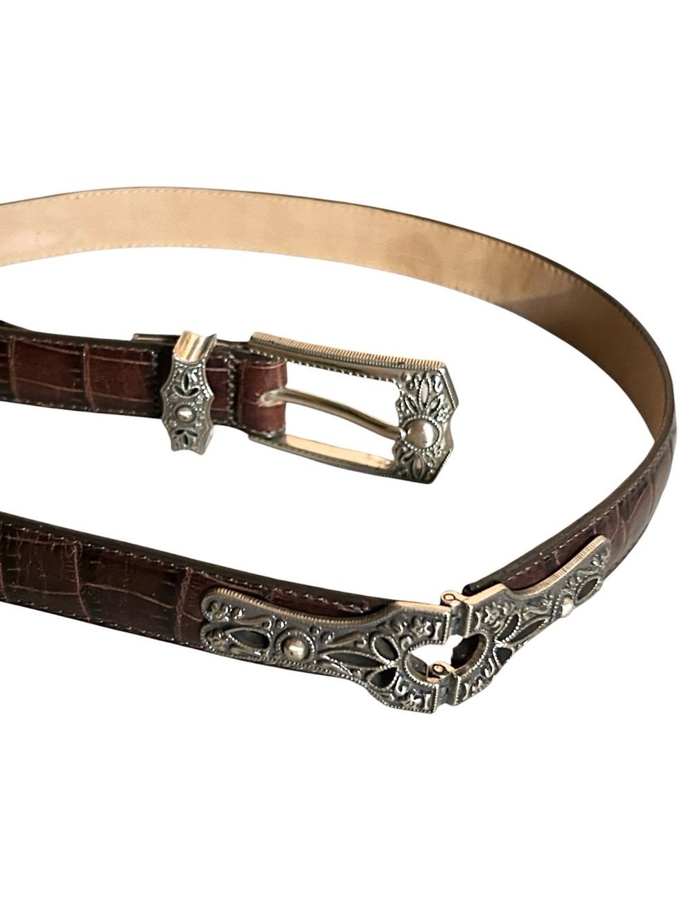 Brighton Dark Brown Leather Croc Embossed with Silver Tone Western Hardware Med